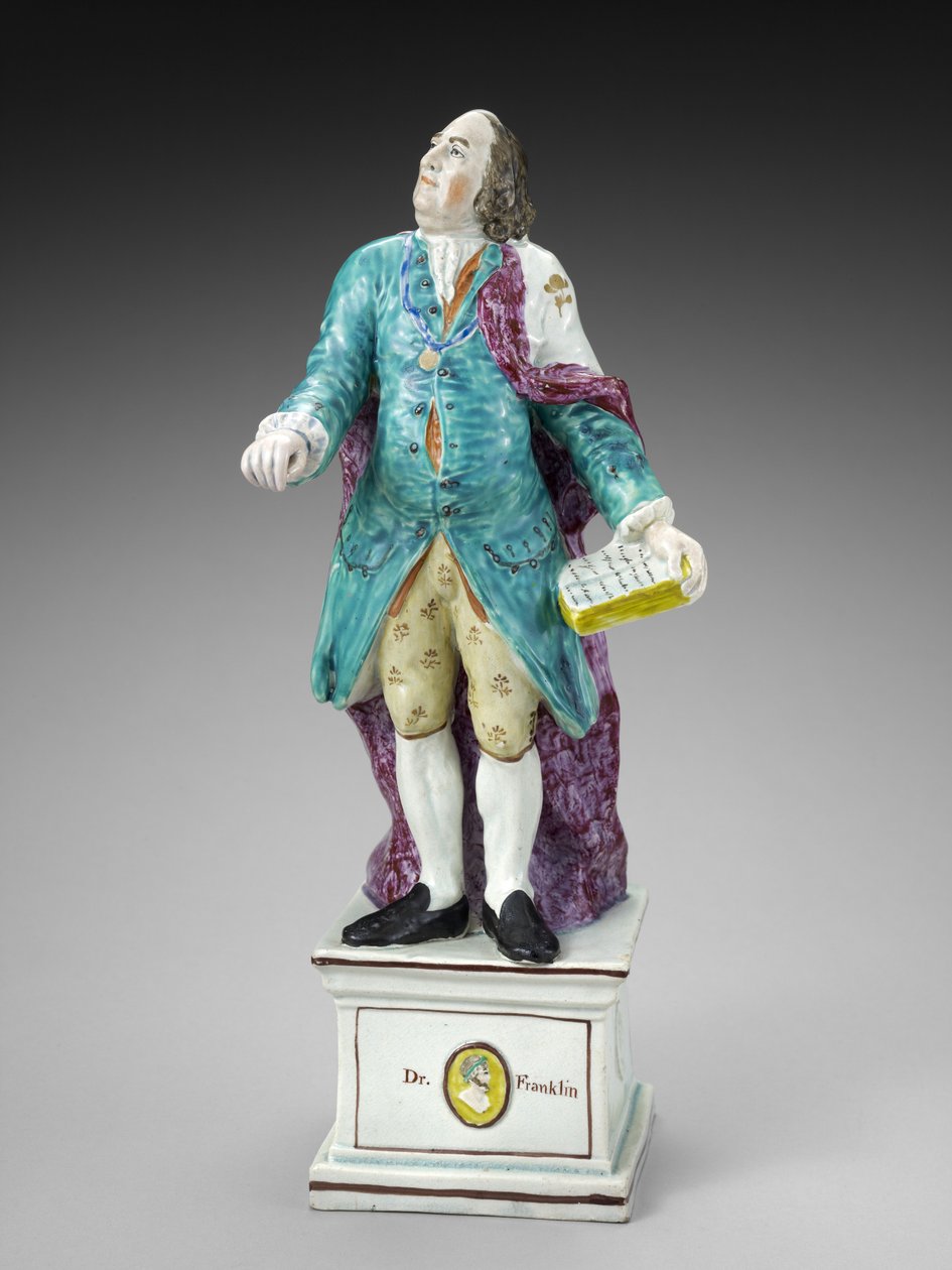 Figur af Benjamin Franklin, ca. 1782-1795 (blyglaseret lertøj (perletøj) med overglasur emalje) af Ralph Sr. Wood