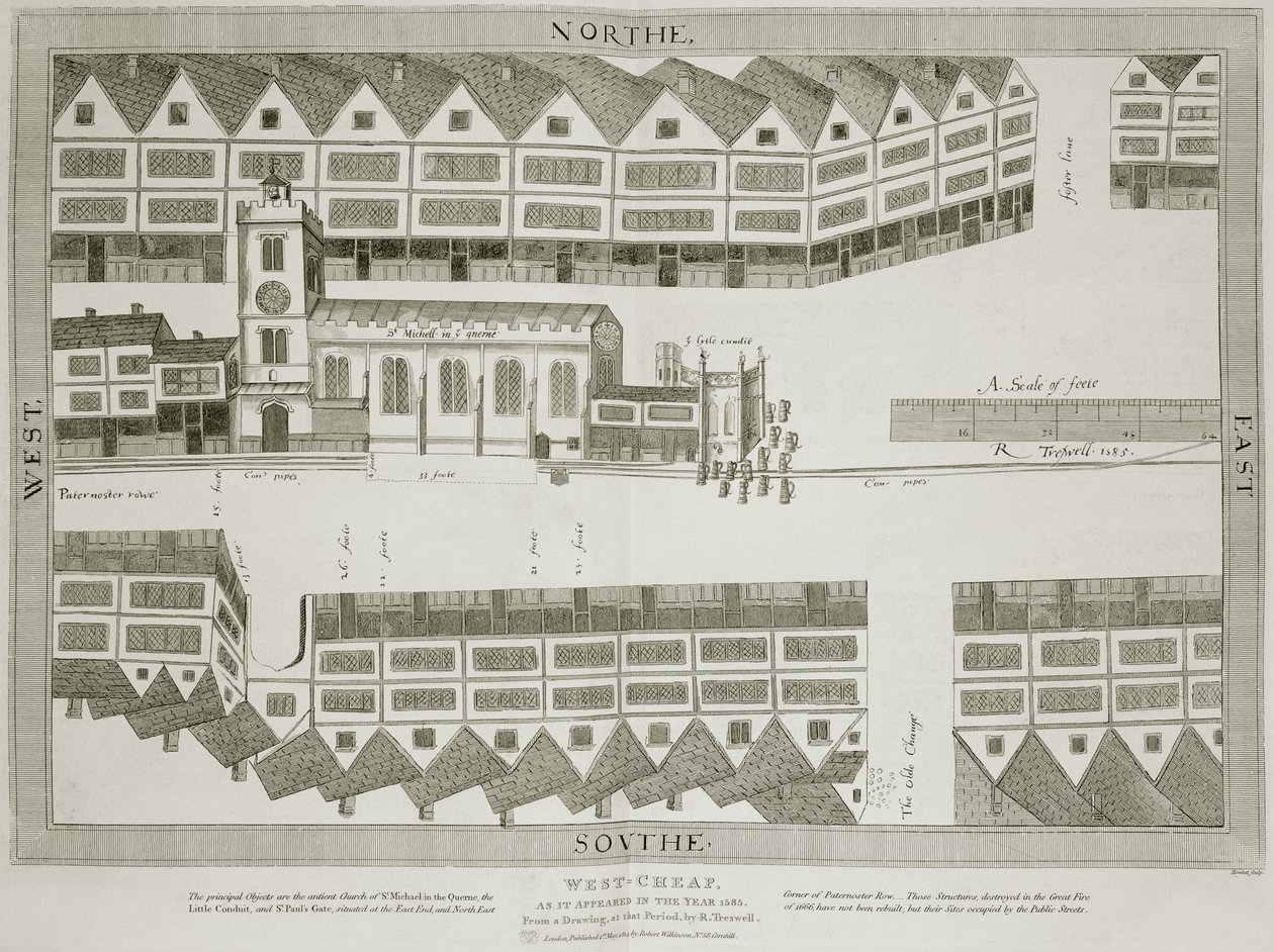 West Cheap som det så ud i 1585, graveret af Bartholemew Howlett (1767-1827), udgivet 1814 af Ralph Treswell