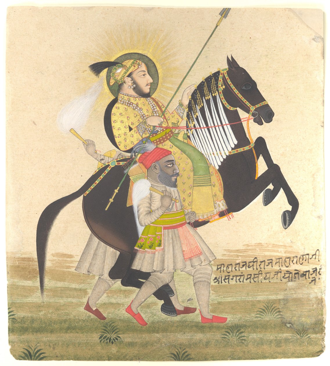 Maharana Sangram Singh Riding a Prize Stallion, ca. 1712 (blæk, uigennemsigtig akvarel, guld og Basra perler på papir) af Ram Jai