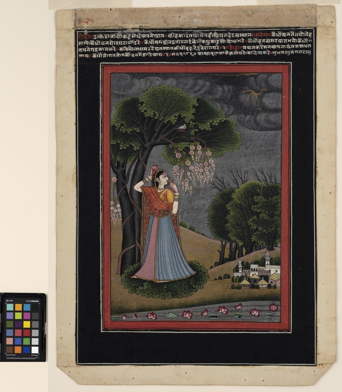 En nayika-længsel efter sin elskede, ca. 1790 (ugennemsigtig akvarel og guld på papir) af Ram Mola