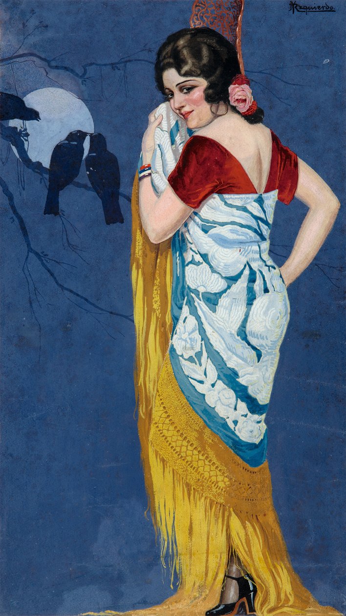 Ung kvinde, der smiler i måneskin, ca. 1925 (gouache på papir) af Ramón José Izquierdo y Garrido
