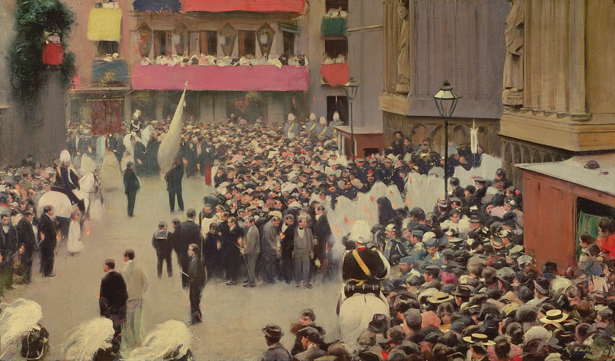 Corpus Christi procession forlader kirken Santa Maria del Mar, 1898 af Ramon Casas i Carbo