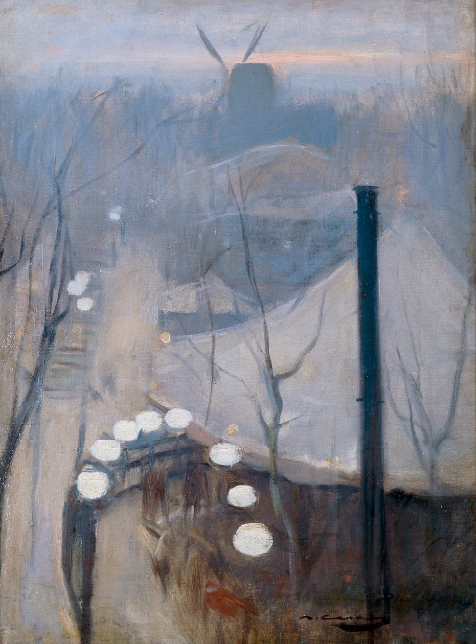 Udsigt over Montmartre-kvarteret med en mølle i Paris af Ramon Casas i Carbo