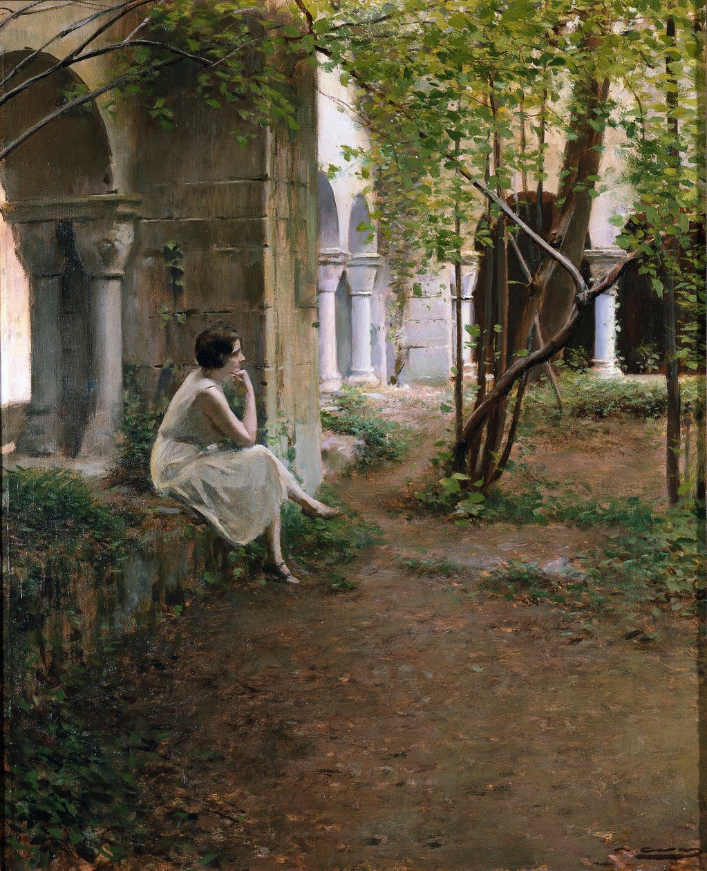 Ung kvinde mediterer i et kloster af Ramon Casas i Carbo