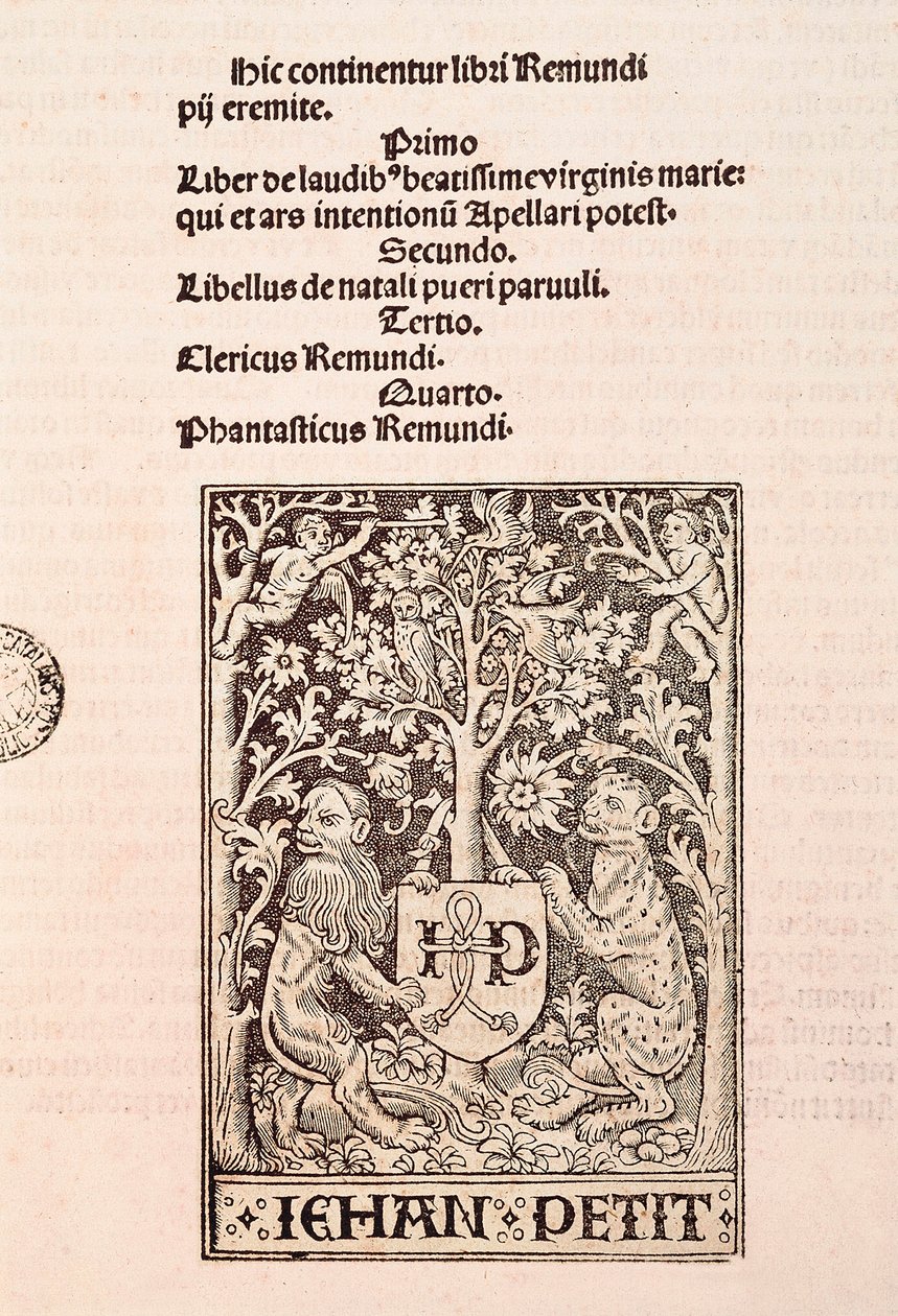 Side i kodeksen "De Laudibus Beatissimae Virginis Mariae" af Ramon Llull (1235-1315), der forestiller to løver, der holder våbenskjoldet af trykkeren Jehan Petit af Ramon Llull