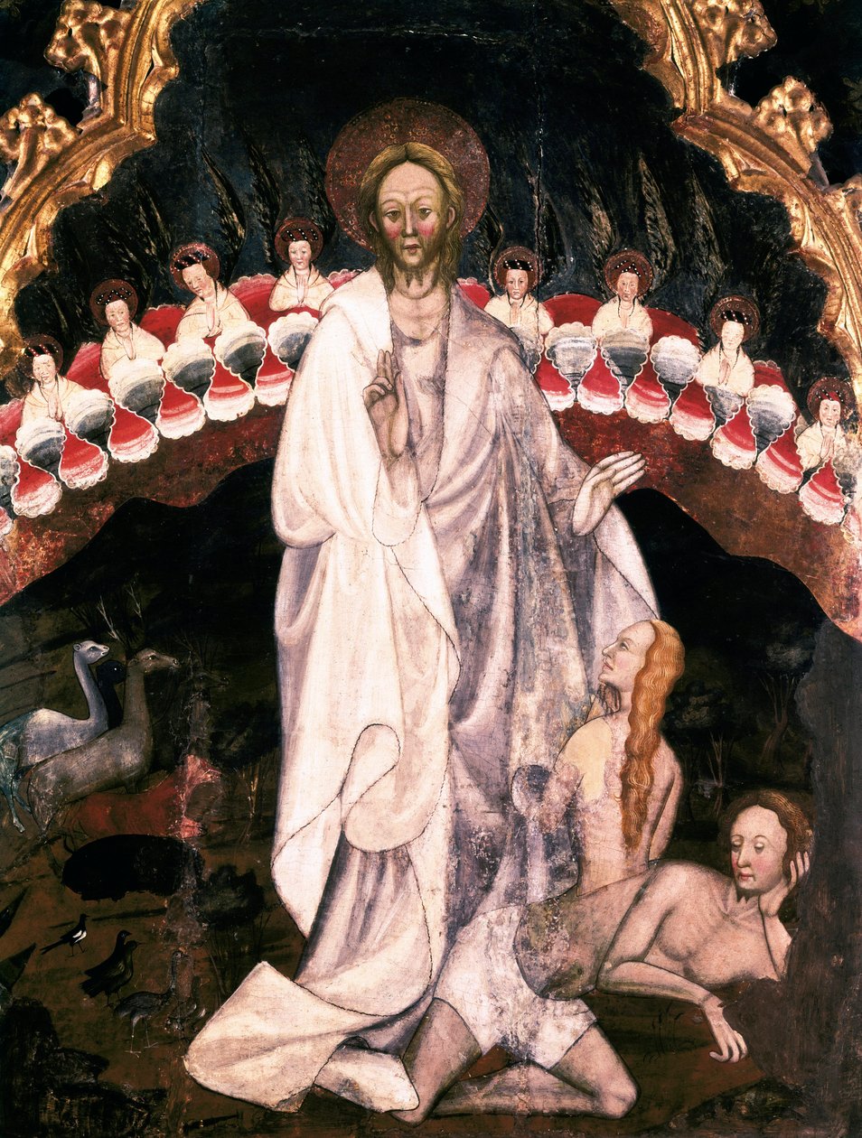 Skabelsen af verden, under skabelsen af Eva, Detalje af altertavlen i San Sebastian de Guimera-kirken. Rempe på træ af Ramon de Mur (d. 1435) 1402-1412. Episcopal Museum of Vic. Catalonien Spanien af Ramon de Mur