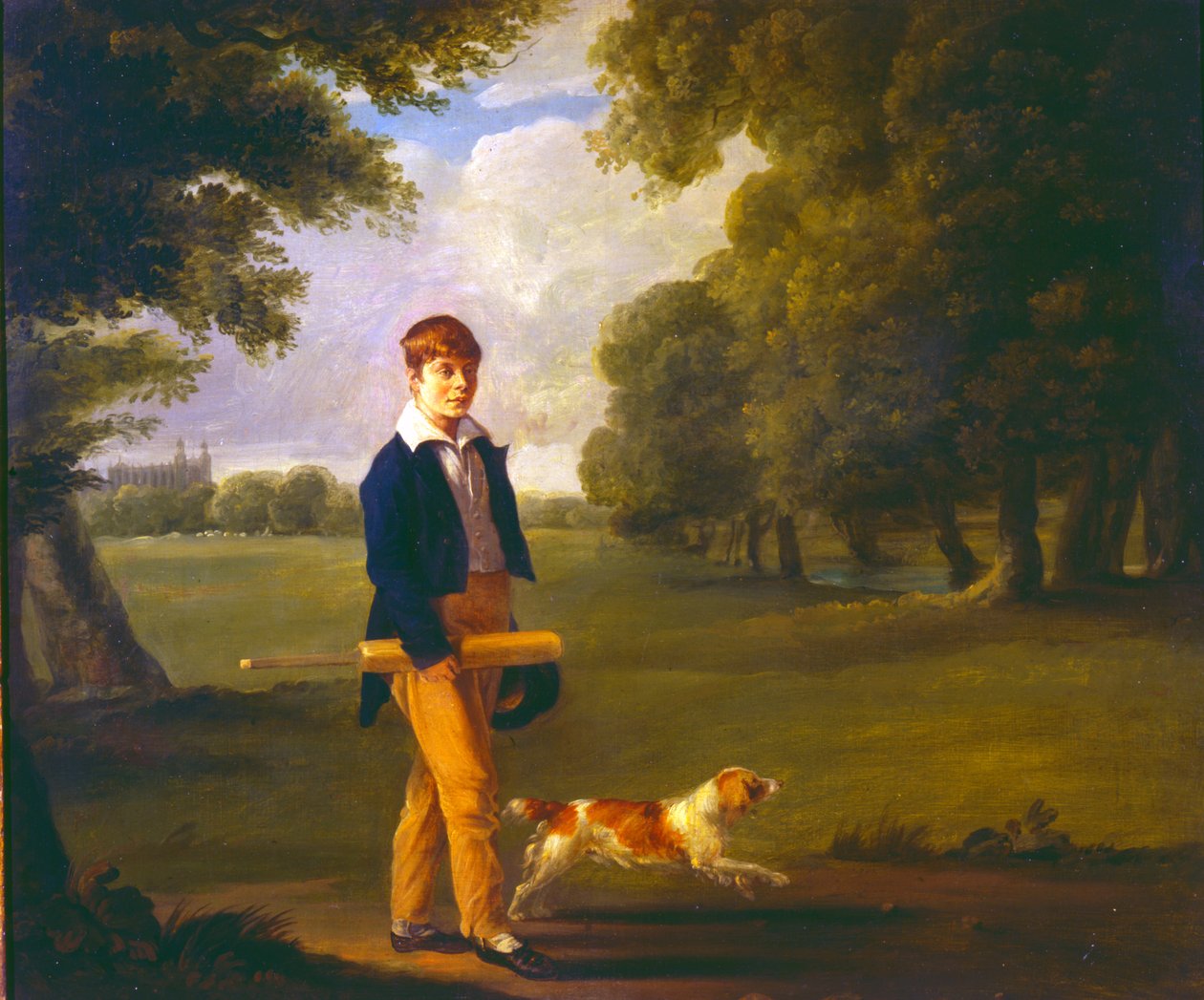 Ung mand med en cricketflagermus, der går en spaniel på Eton Colleges grund af Ramsay Richard Reinagle