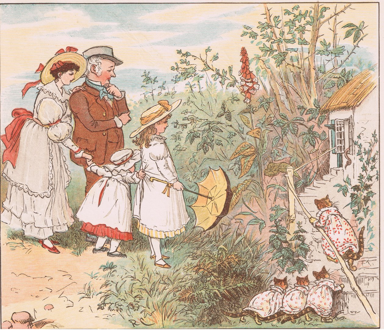 En kat og hendes killinger kom væltende ind af Randolph Caldecott