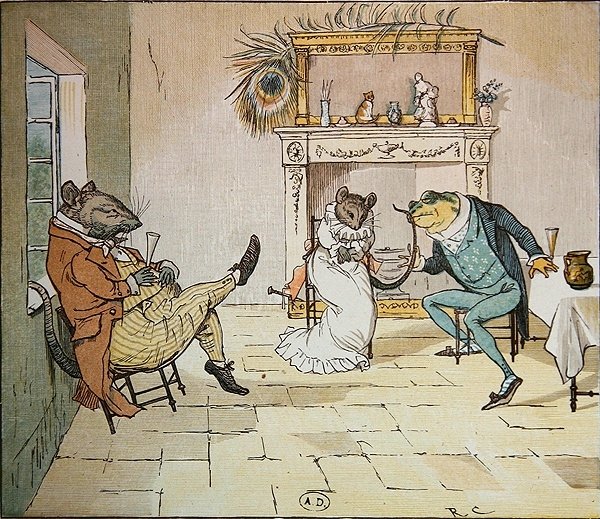 Bed, hr. frø, vil du give os en sang?, illustration fra A Frog Who Would a Wooing Go, ca. 1900 (se også 8465) af Randolph Caldecott