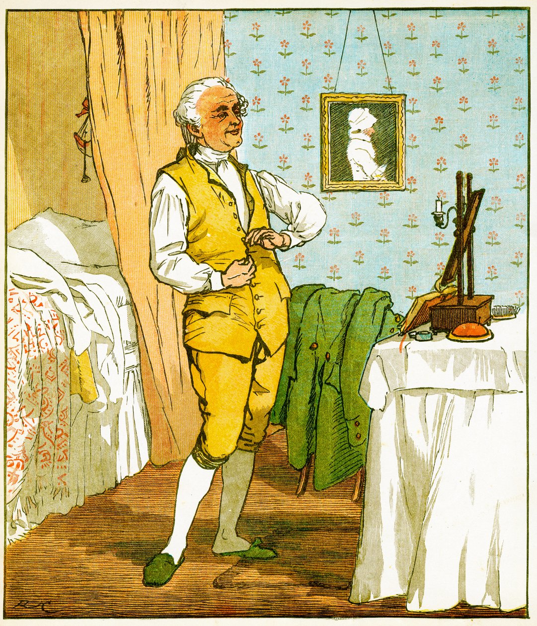 The good man of Islington dressing, Illustration fra An Elegy on the Death of a Mad Dog af Oliver Goldsmith, 1879 af Randolph Caldecott