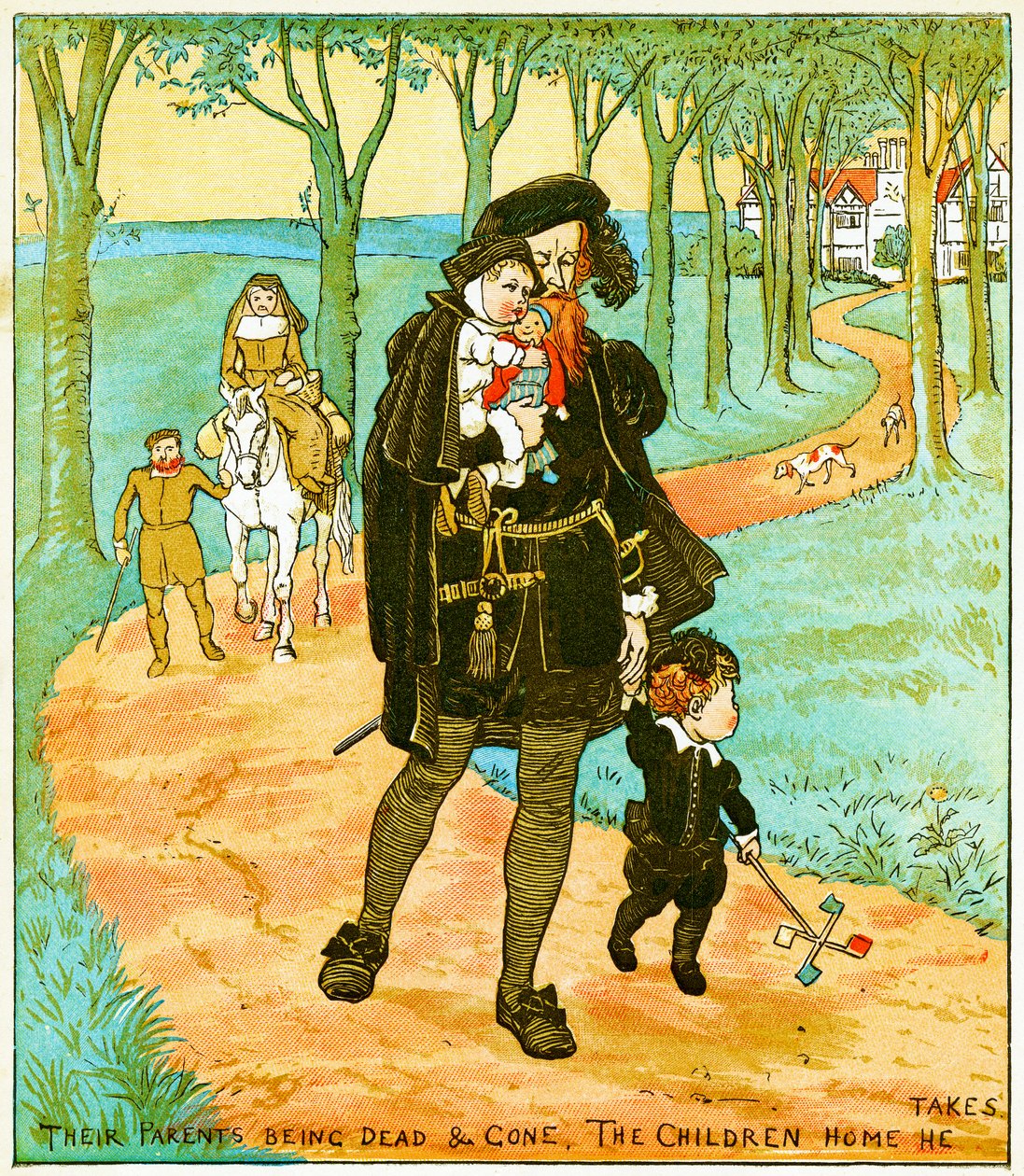 "Forældrene er døde og væk, børnene hjem tager han", illustration til Babes in the wood, 1885 af Randolph Caldecott