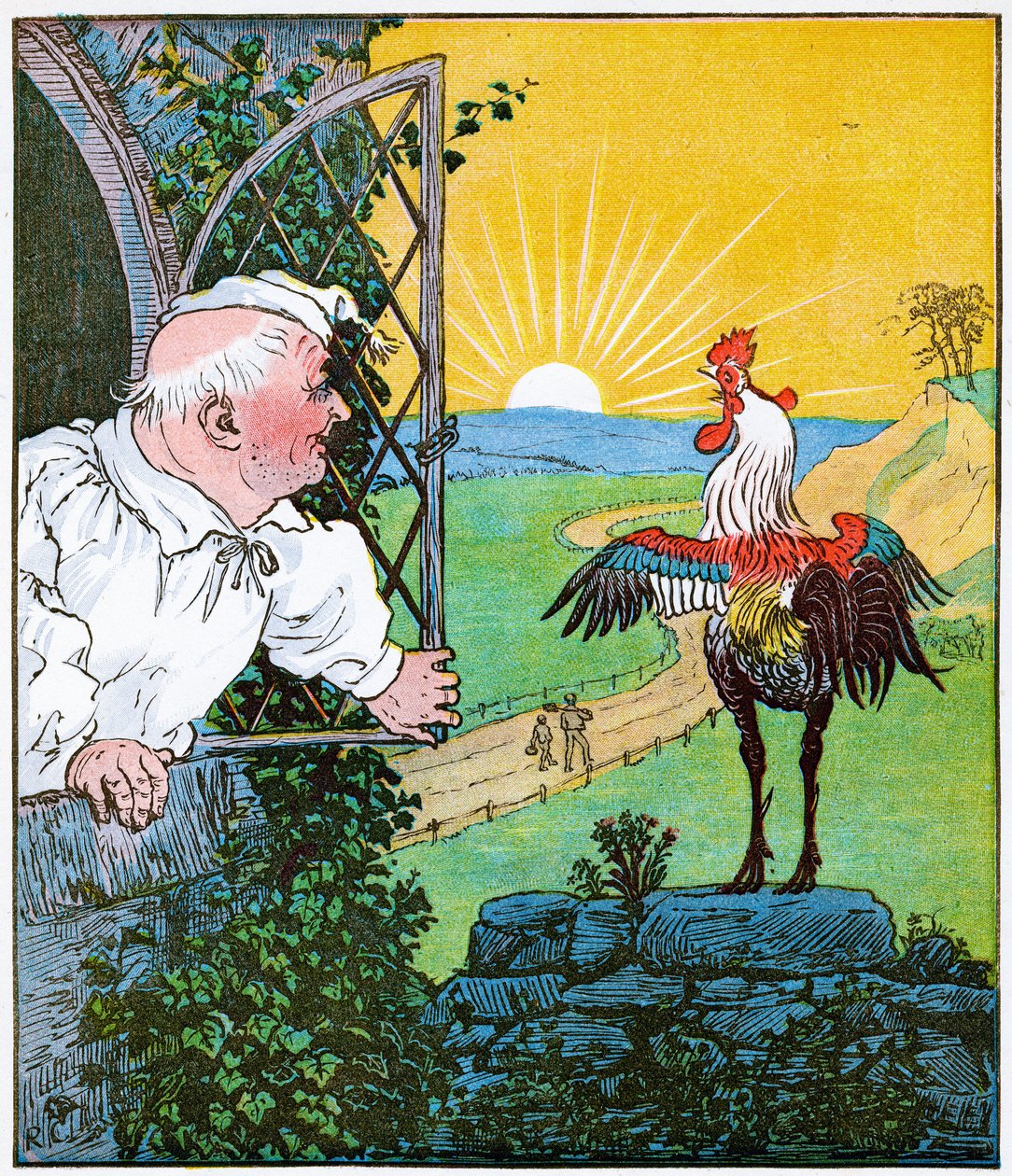 Dette er hanen, der galede om morgenen, der vækkede dommeren helt barberet og klippet, illustration fra The House that Jack Built, 1896 af Randolph Caldecott