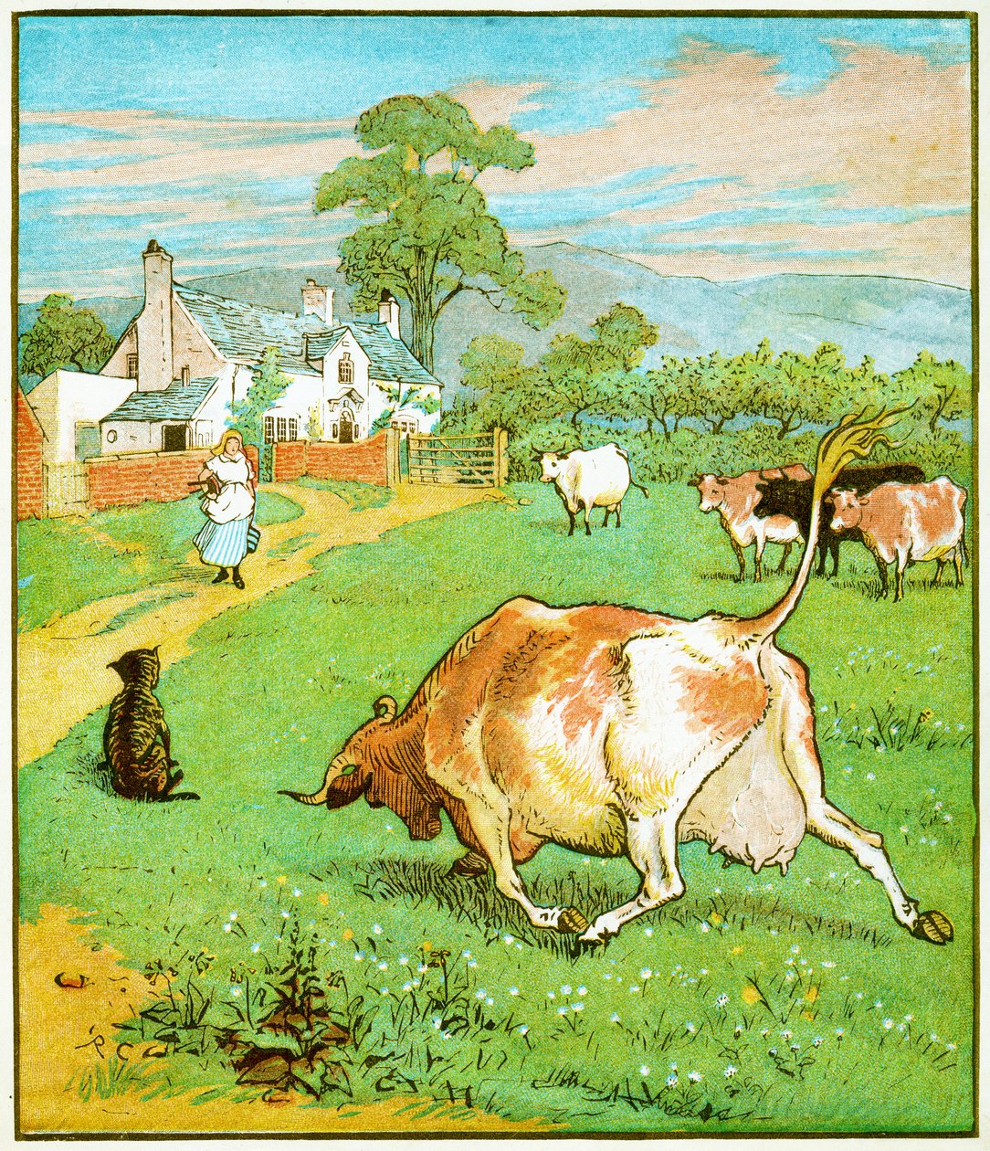 Dette er koen med det krøllede horn, der kastede hundeillustrationen til The House that Jack Built, 1878 af Randolph Caldecott