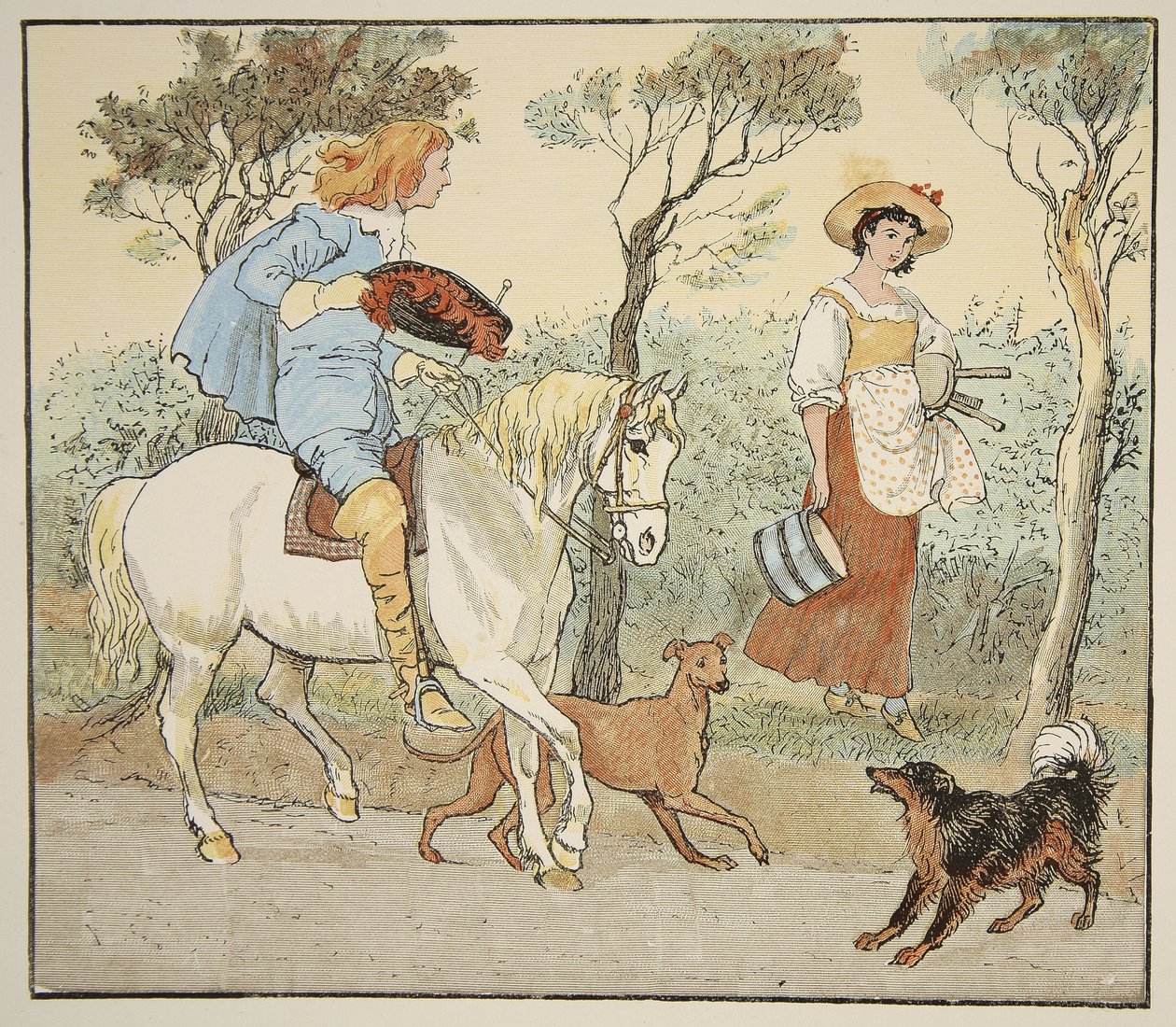 Hvor skal du hen, min smukke pige, illustration fra The Milkmaid, pub. af Frederick Warne und Co. af Randolph Caldecott