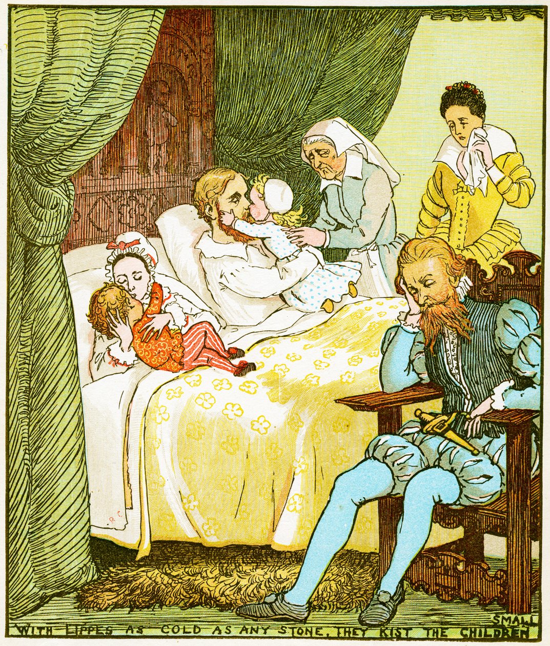 Med læber så kolde som enhver sten kysser de børnene små, illustration til Babes in the wood, 1885 af Randolph Caldecott