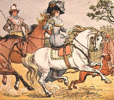 En fin dame på en hvid hest fra Ride a Cock Horse til Banbury Cross af Randolph Caldecott