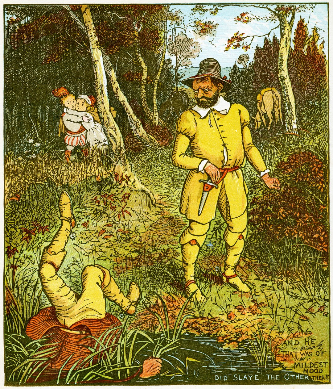 "Og den, der var af mildest humør, dræbte den anden der", illustration fra Babes in the wood af Randolph Caldecott
