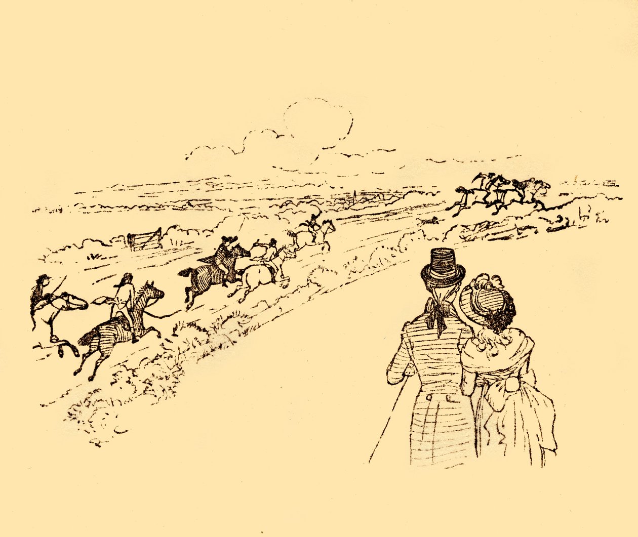 Tilskuere ser på, når John Gilpin jages på tværs af landet, 1878, c1918. af Randolph Caldecott