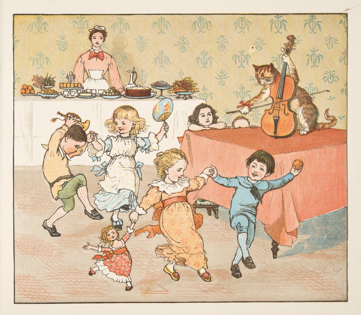 Hey, diddle, diddle, fra The Hey Diddle Diddle Picture Book, pub.1882 (farvegravering) af Randolph Caldecott