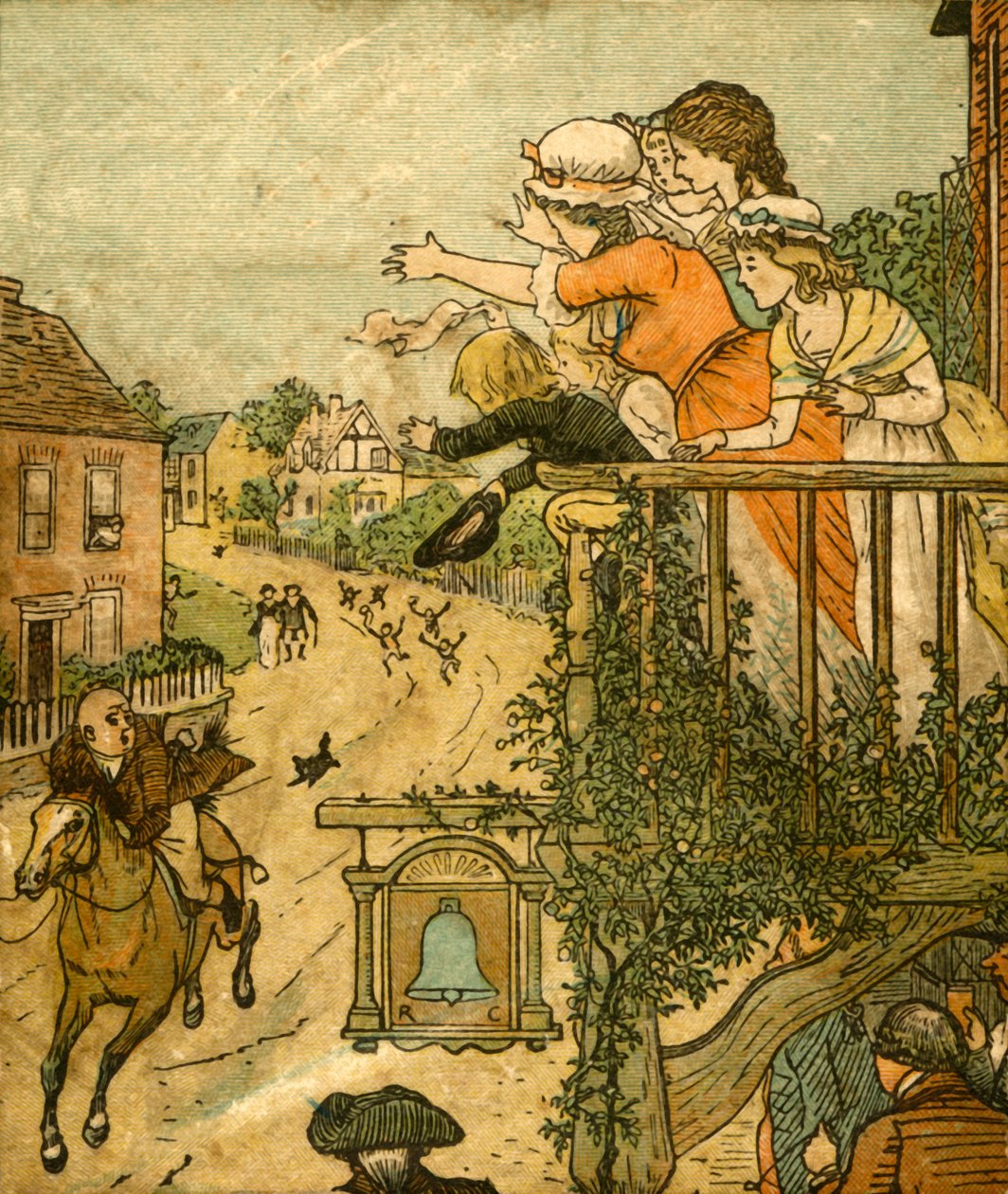 John Gilpin galopperer forbi Bell Inn, mens hans kone og børn vinker fra balkonen, 1878, c1918. af Randolph Caldecott