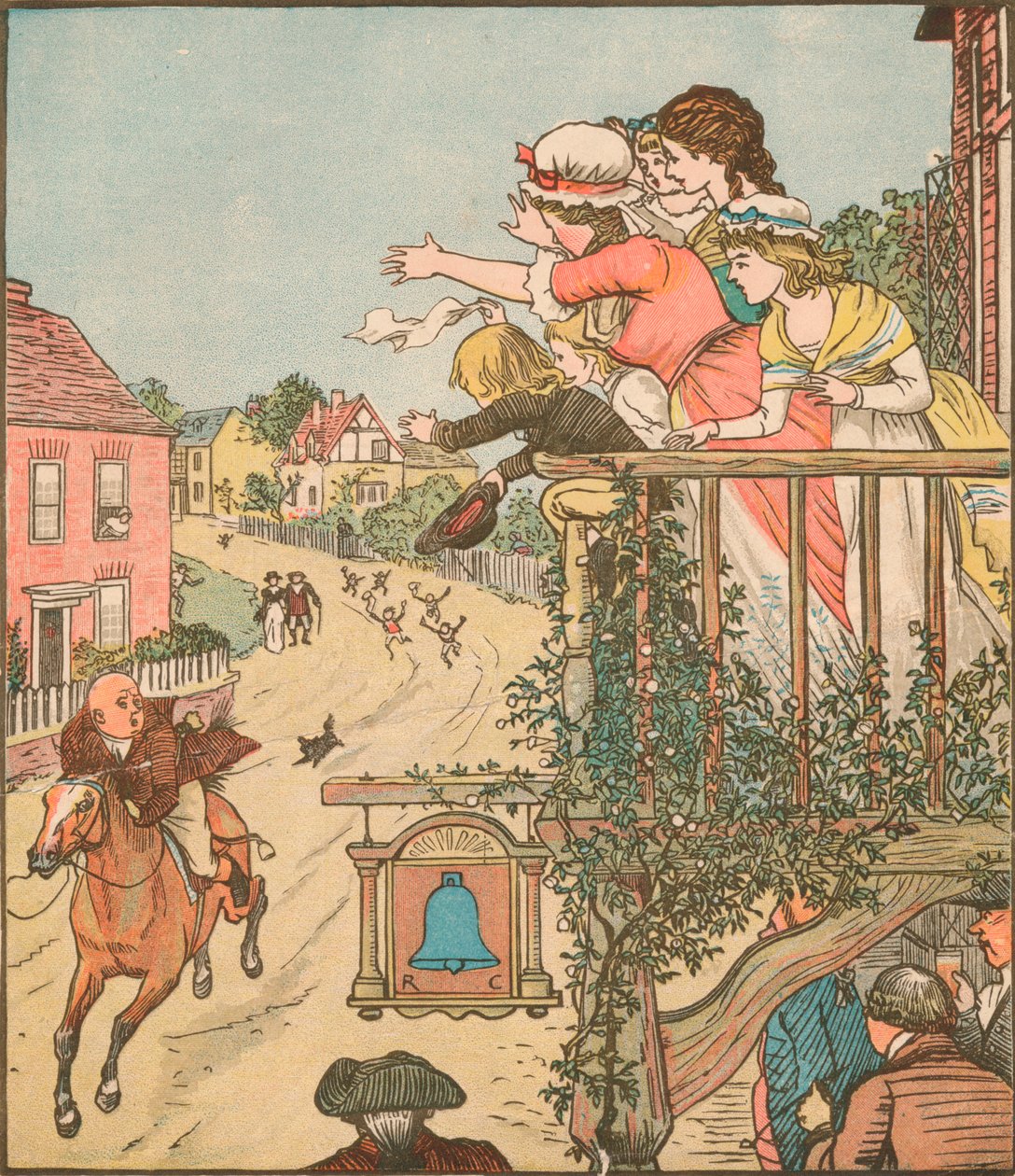 John Gilpin galopperer forbi Bell Inn, mens hans kone og børn vinker fra balkonen, 1878, c1918. af Randolph Caldecott
