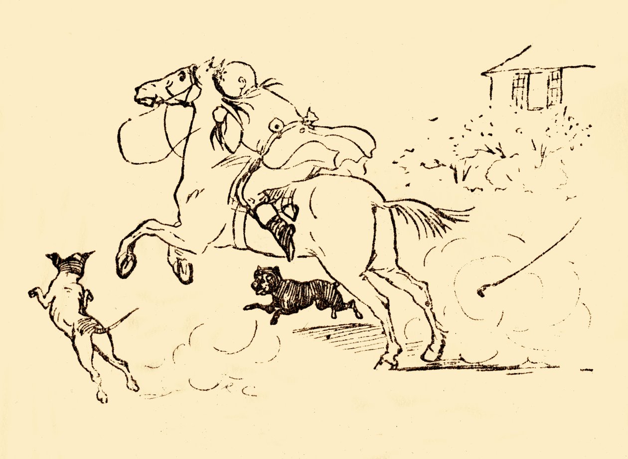 John Gilpin bliver jagtet af hunde, da hans hest galoperer ud af kontrol, 1878, c1918. af Randolph Caldecott