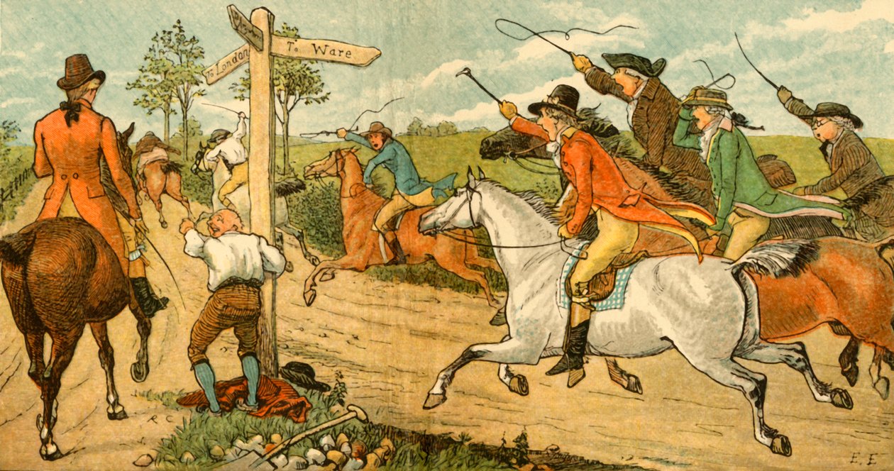 John Gilpin på sin boltrende hest bliver jagtet af forbipasserende, 1878, c1918. af Randolph Caldecott