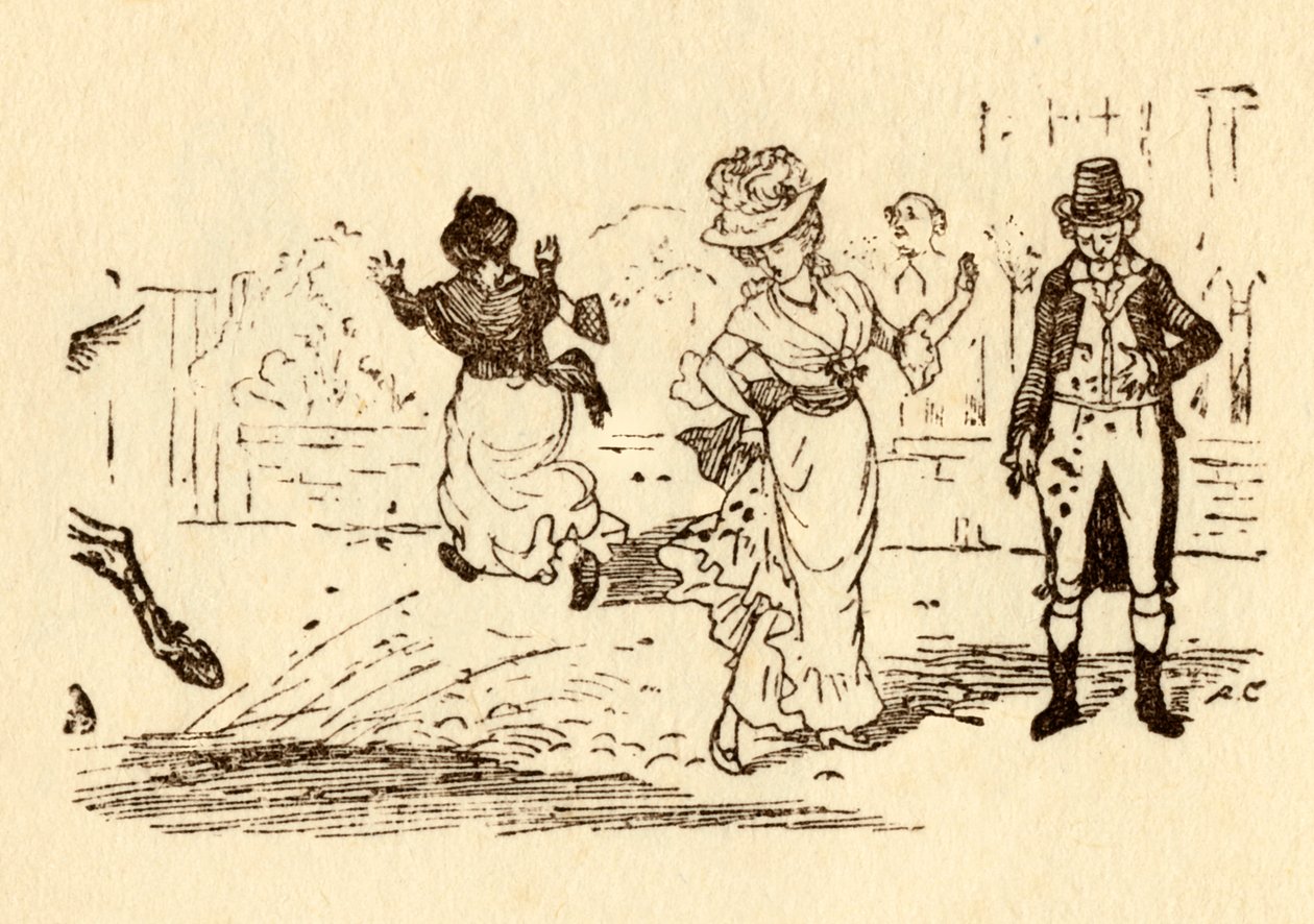 John Gilpins hest sprøjter mudder på en kvindes kjole, 1878, c1918. af Randolph Caldecott