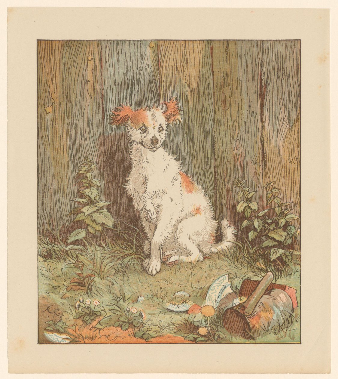 Lille hund siddende ved et hegn af Randolph Caldecott