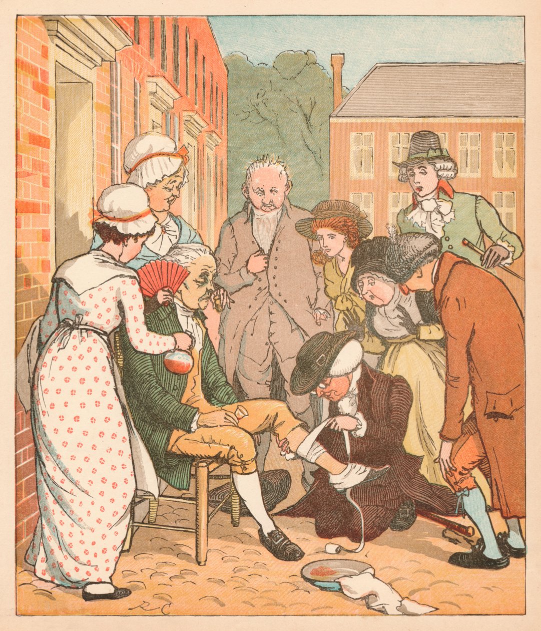 Naboer klæder den gode mand fra Islingtons bid, c1879. af Randolph Caldecott