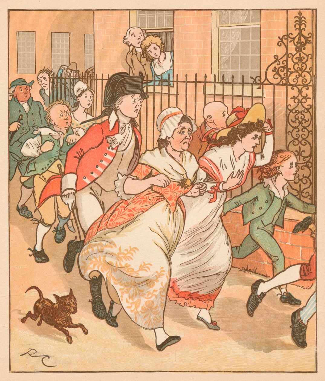 Naboer skynder sig for at hjælpe den gode mand fra Islington, c1879. af Randolph Caldecott