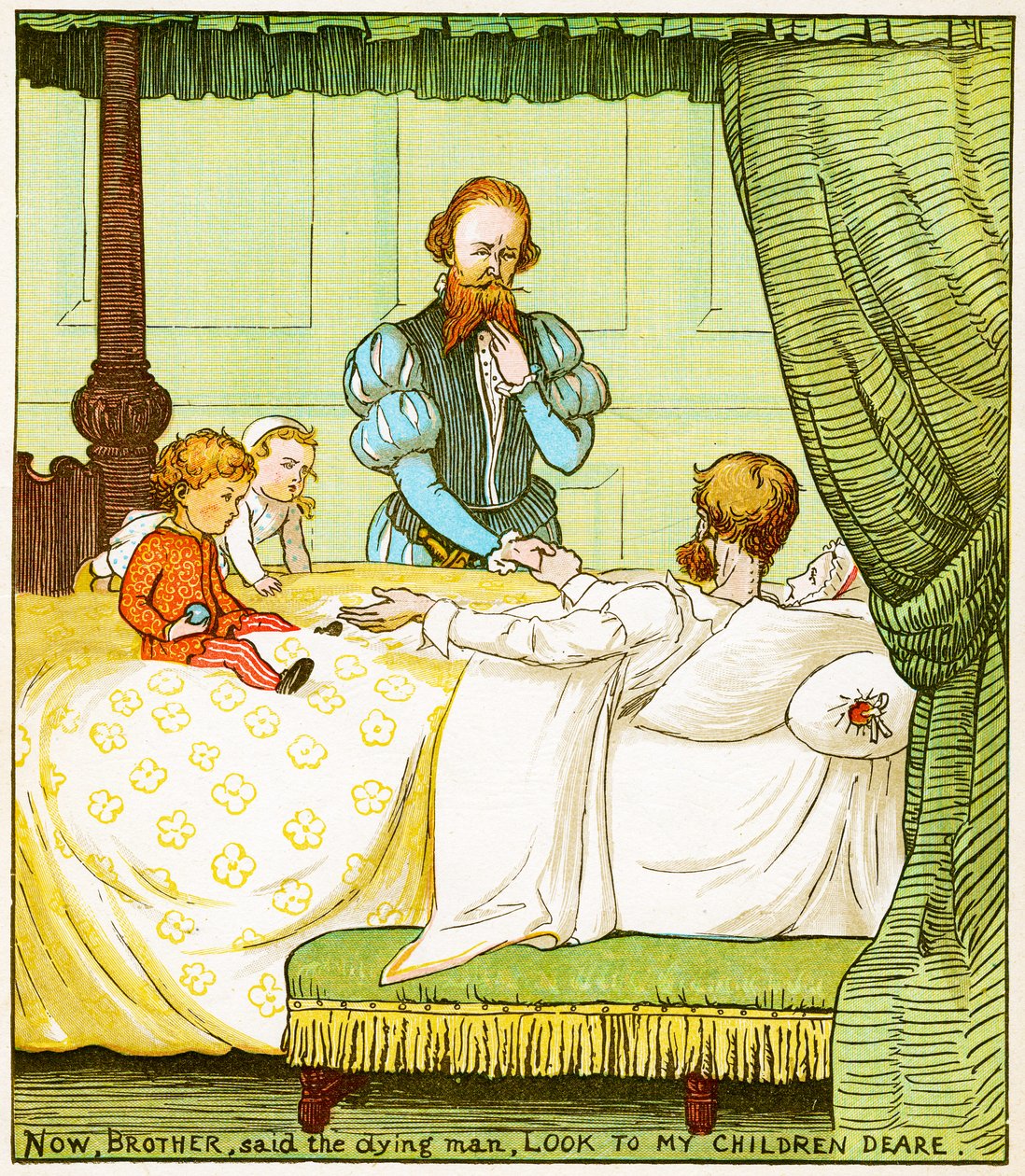 "Nu, bror, sagde den døende mand, se til mine børn kære", illustration fra Babes in the wood af Randolph Caldecott
