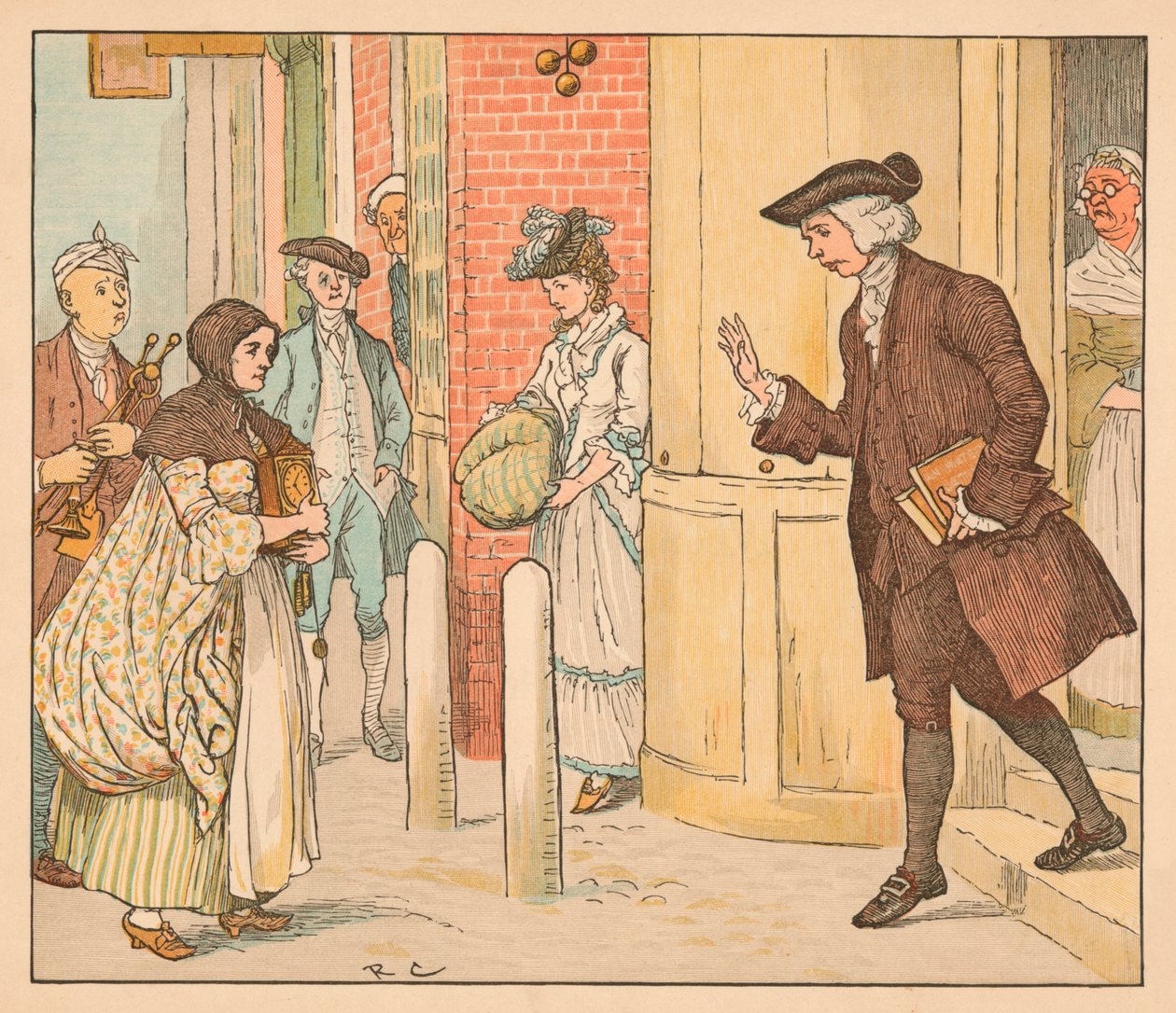 Folk uden for en pantelånerbutik, c1885, 1934. af Randolph Caldecott