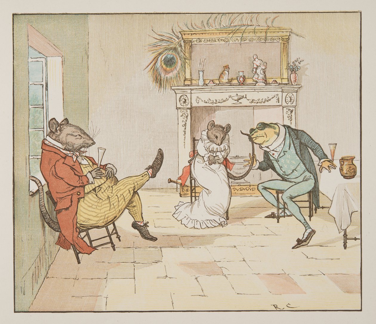 "Bed, hr. frø, vil du give os en sang?", fra The Hey Diddle Diddle Picture Book, pub.1882 (farvegravering) af Randolph Caldecott