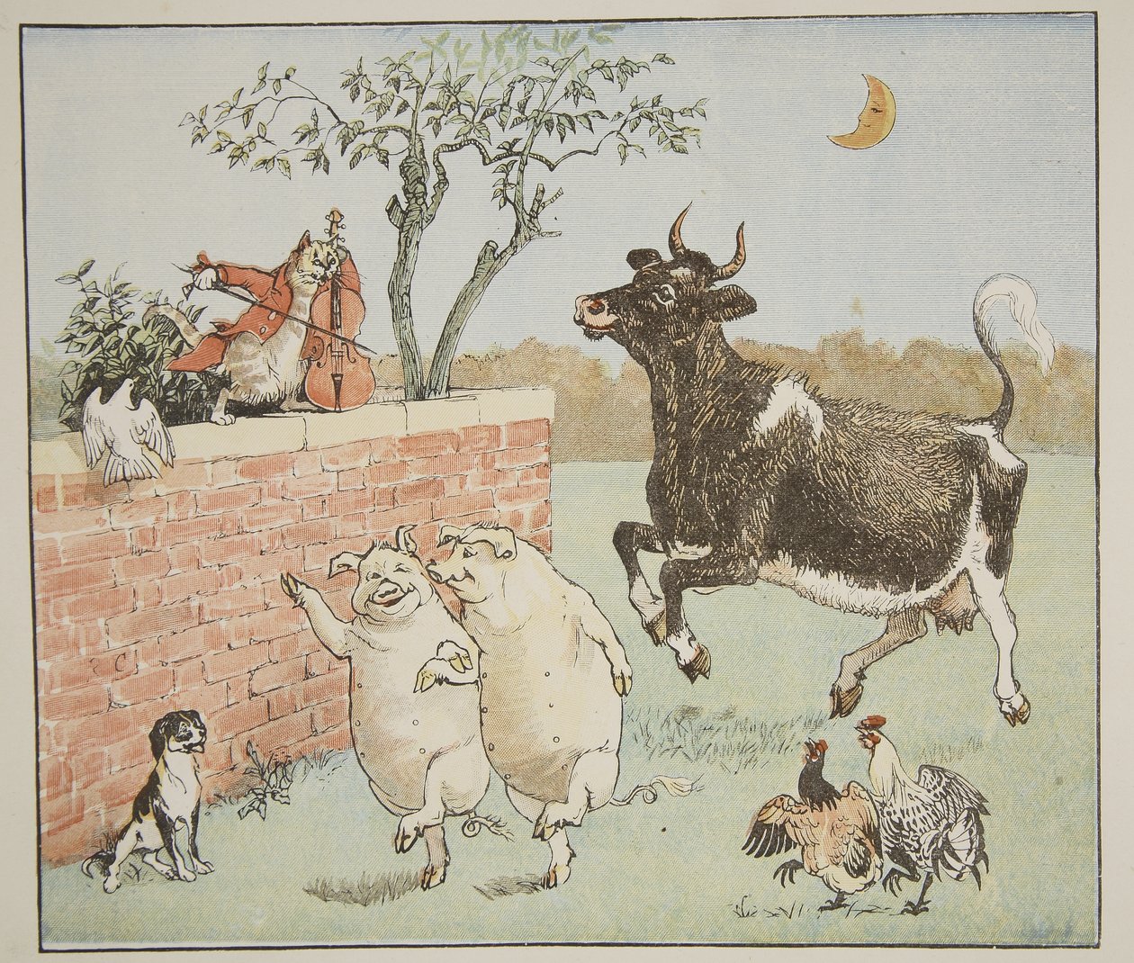 Katten og fløjten, illustration fra "Hey Diddle Diddle Diddle and Bye, Baby Bunting", 1882 af Randolph Caldecott