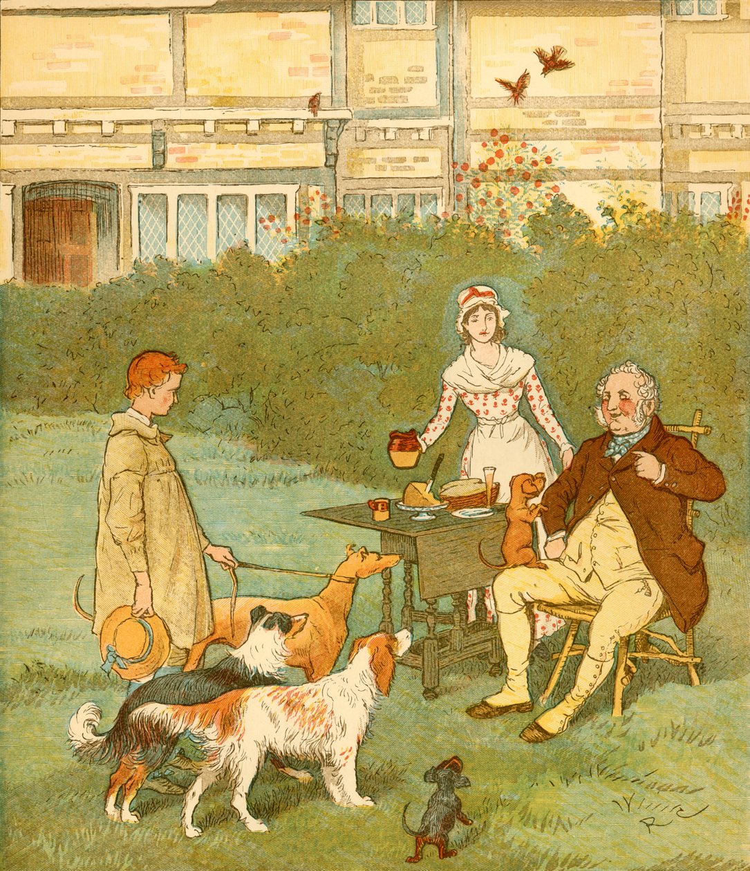 Bondedrengen med sin herres hunde, c1881. af Randolph Caldecott