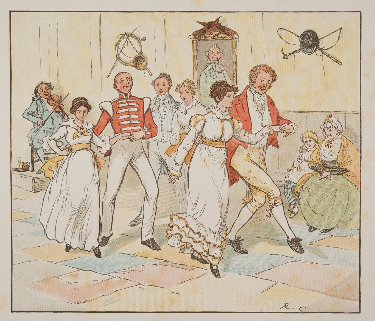 Soldaten og hans brud, fra The Hey Diddle Diddle Picture Book, pub.1882 (farvegravering) af Randolph Caldecott