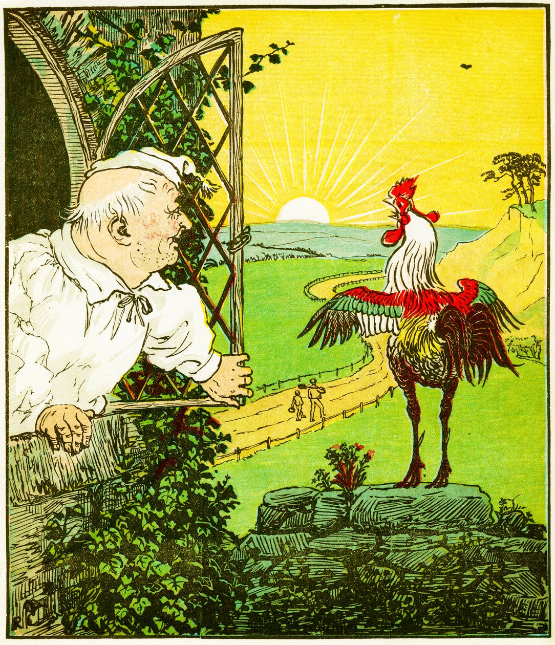 "Dette er hanen, der galede om morgenen, der vækkede dommeren, barberet og klippet", illustration fra The House that Jack Built af Randolph Caldecott