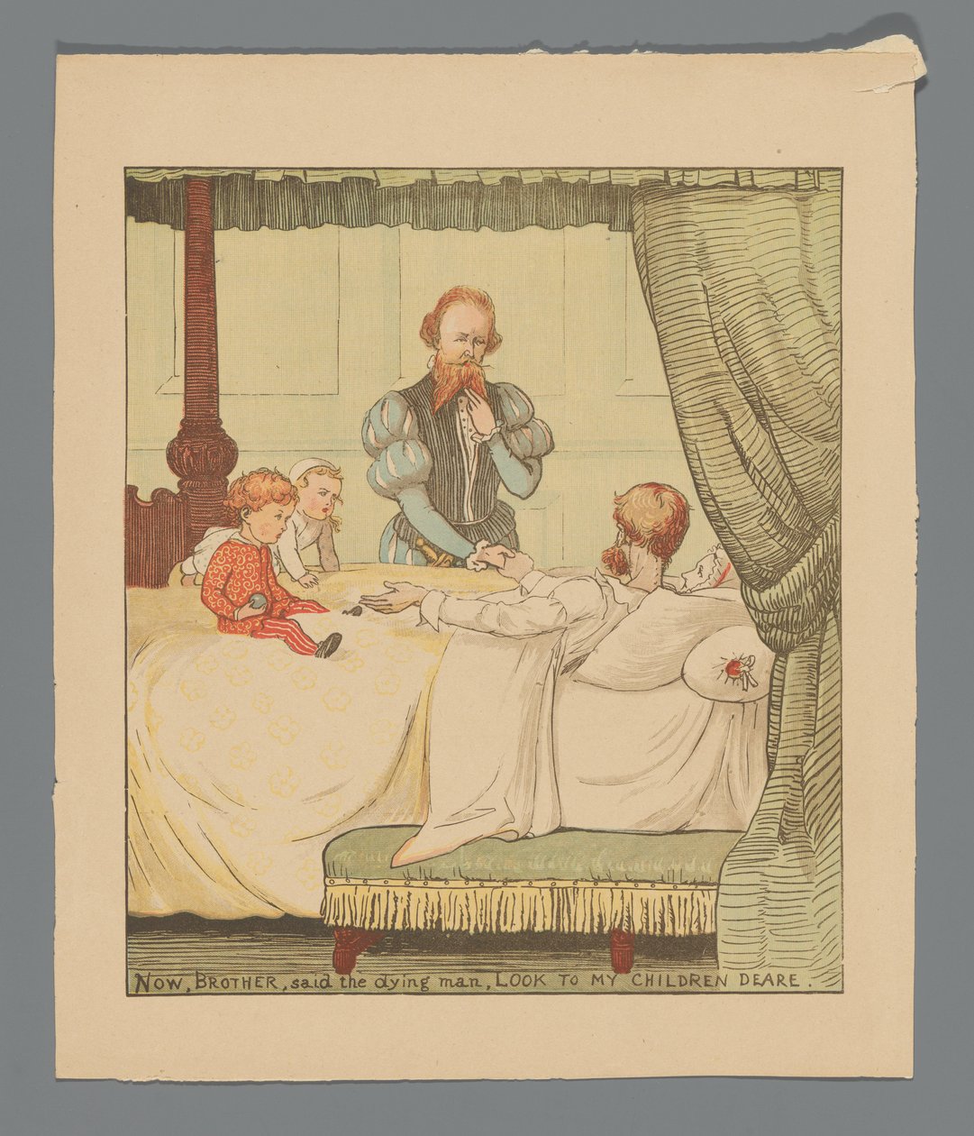 Zwei Kinder und ein Mann an einem Krankenbett af Randolph Caldecott