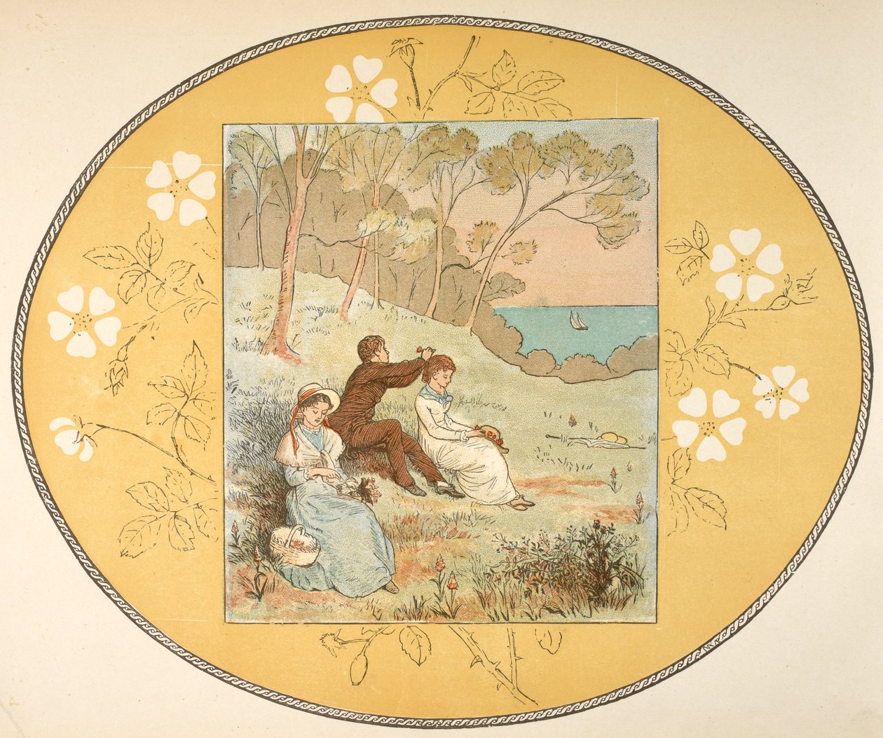 To kvinder og en mand sidder i en lysning nær kysten. Blomsterkant. af Randolph Caldecott