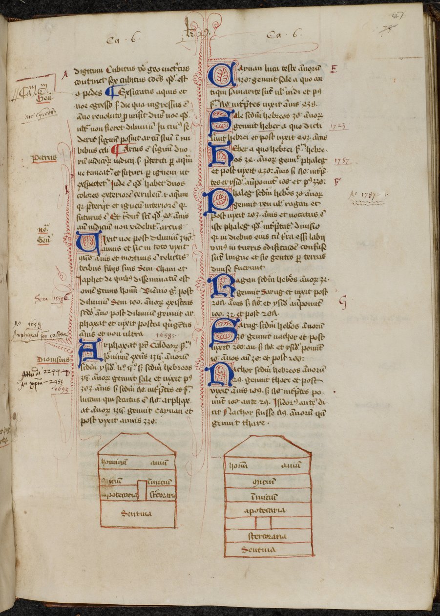 Blæktegninger af Noahs Ark og dekorerede initialer med pen-blomstrende i bog 2., midten af 1400-tallet (pergament) af Ranulf Higden