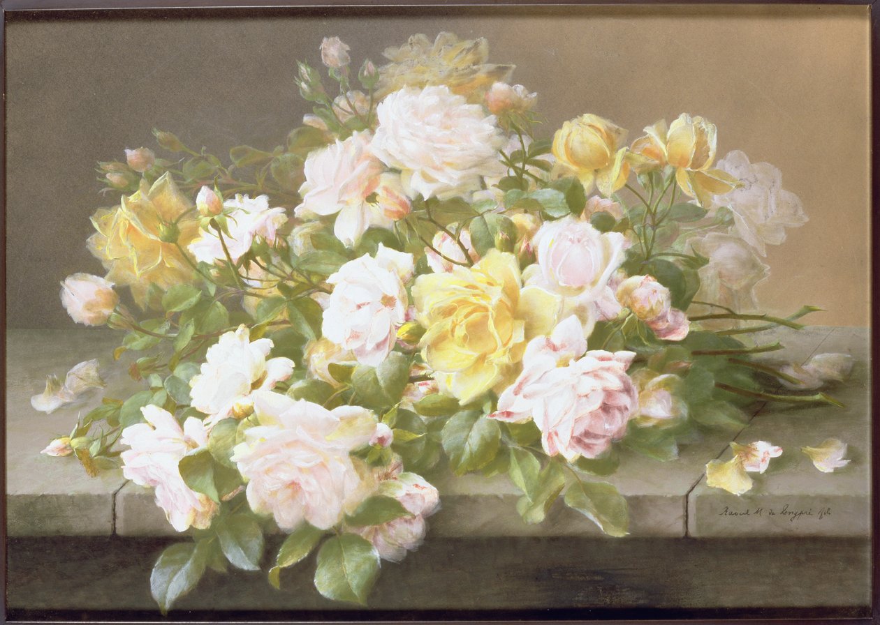 Pink og gule roser af Raoul M. de Longpre