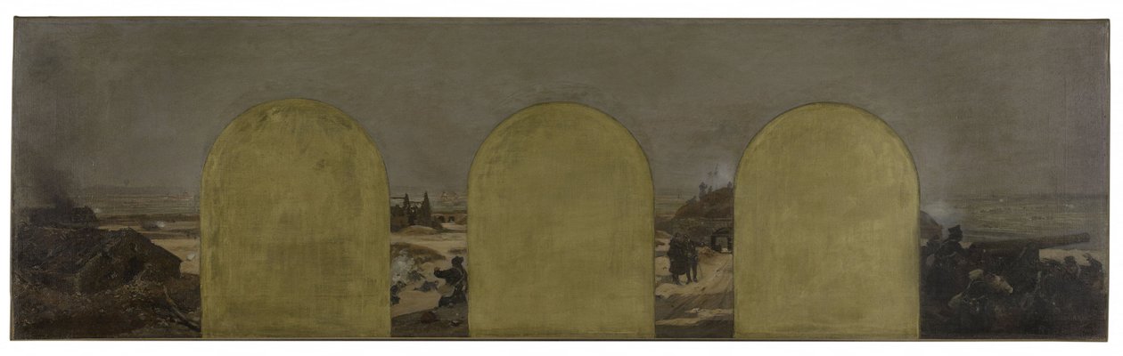 Skitse til præfektens kabinet på rådhuset i Paris: Et batteri ved voldene: Belejringen af Paris i 1870 af Raoul Joseph Arus