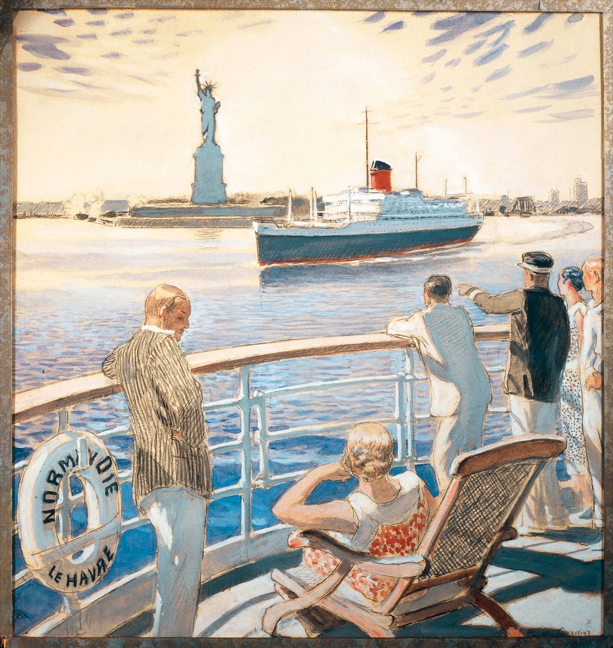 Frankrig, Amboise, Jomfrurejse af dampskibet Normandie, Indsejlingen til New Yorks havn, akvarel af Raoul Du Gardier