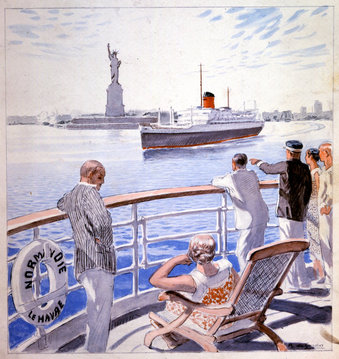 Transportere. Marine. Ankomst af det transatlantiske Le Normandie i New Yorks havn. Illustration af Raoul du Gardier af Raoul Du Gardier