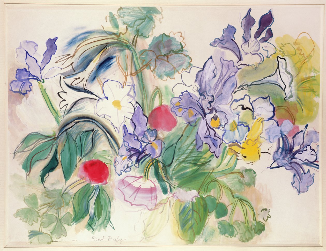 Buket af iris og røde valmuer, ca. 1948 (akvarel på papir) af Raoul Dufy
