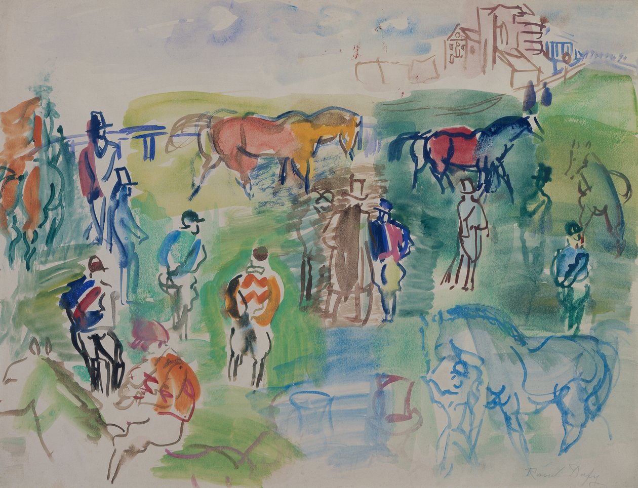 Heste og jockeyer ved Epsom (gouache på papir) af Raoul Dufy