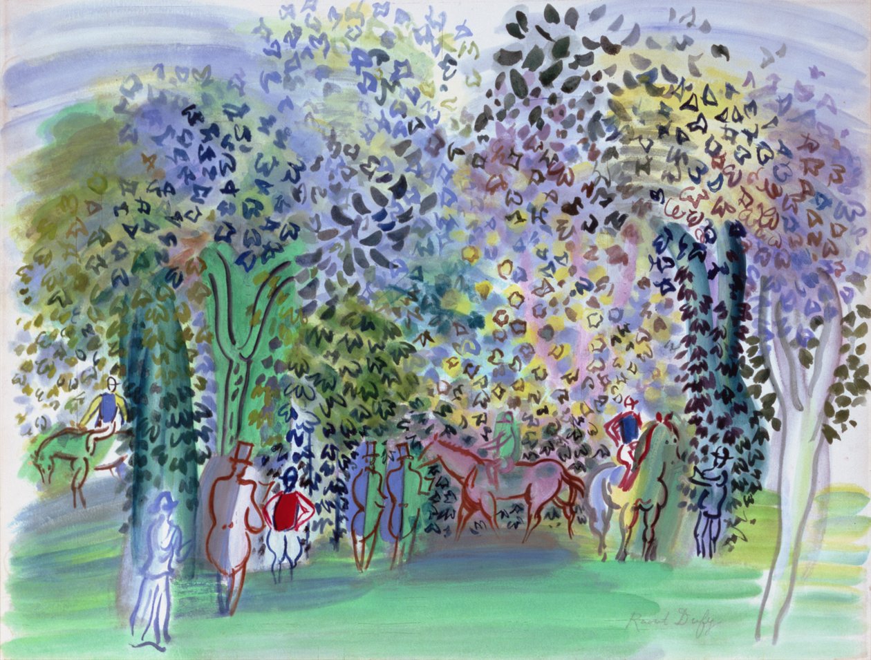 Heste og jockeyer under træerne, ca. 1930-1 (akvarel) af Raoul Dufy