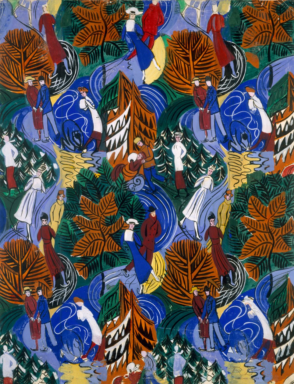 Skøjteløbere, design til trykt silke, ca. 1914-20 (farvelitografi) af Raoul Dufy