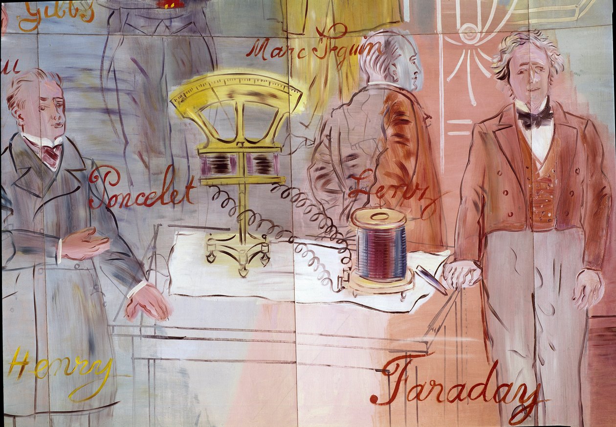 La Fee Electricite, detalje: Portrætter af Jean Victor Poncelet, Marc Seguin, Michael Faraday. 1937 (maleri) af Raoul Dufy